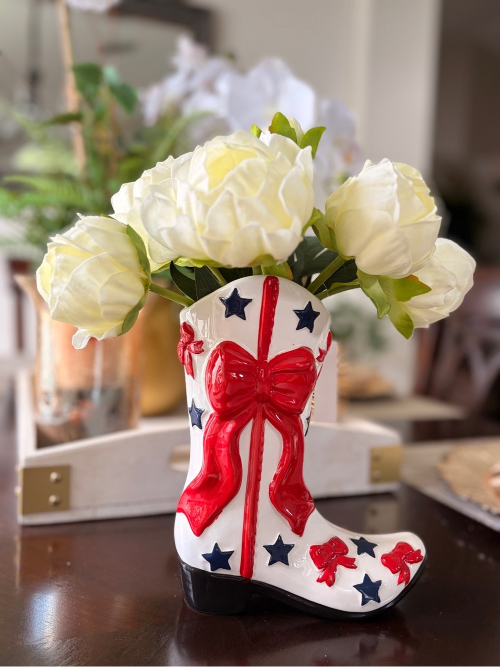 Patriotic Red, White & Blue Boot Vase - Decorative Home Accent